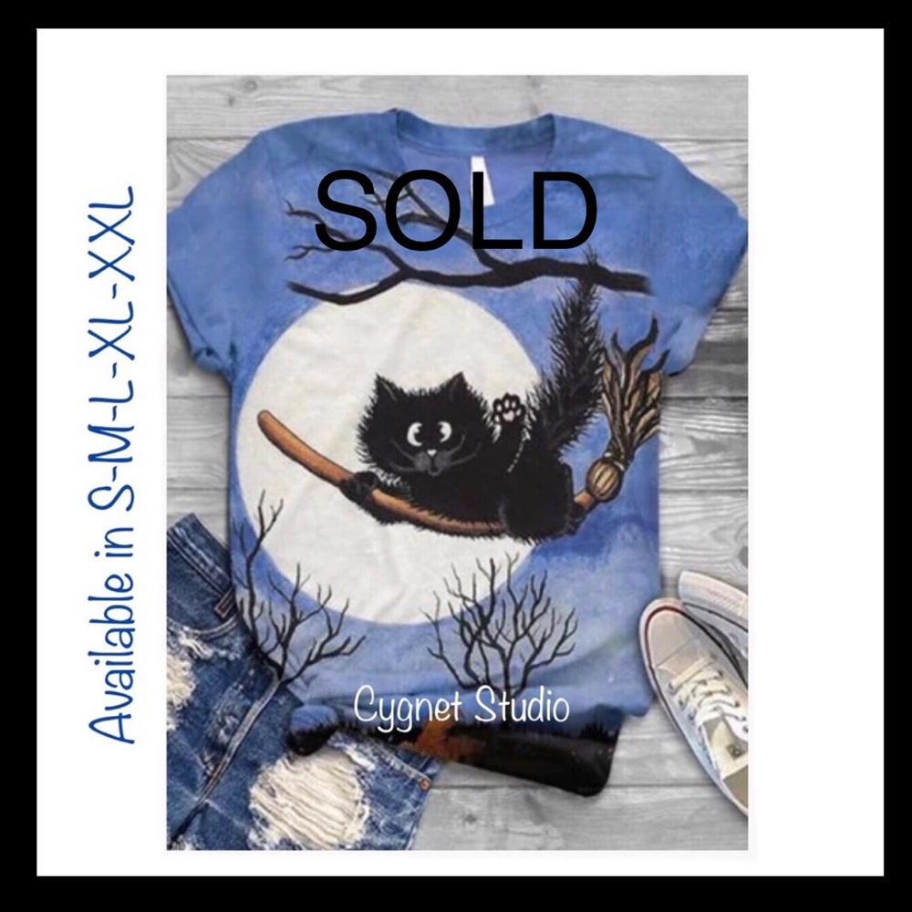 ๐ซSOLDโผ๏ธ Black Cat Riding Witches Broom under a full Moon Blue T-Shirt/Top - Lg - Picture 1 of 2